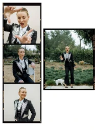 Film strip layout featuring Kaley Cuoco in an embroidered black suit jacket and white shirt outdoors and indoors.
