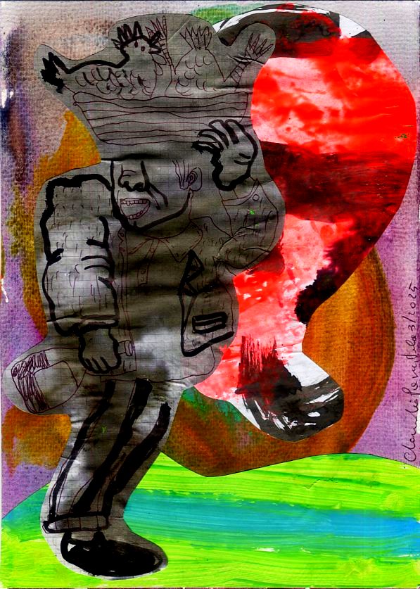 Abstract art collage of a person in grayscale, wearing boots and carrying a basket of chickens against a colorful painted background.