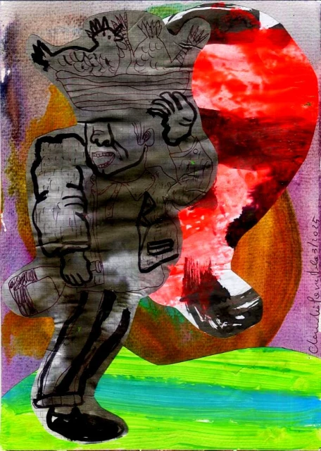 Abstract art collage of a person in grayscale, wearing boots and carrying a basket of chickens against a colorful painted background.