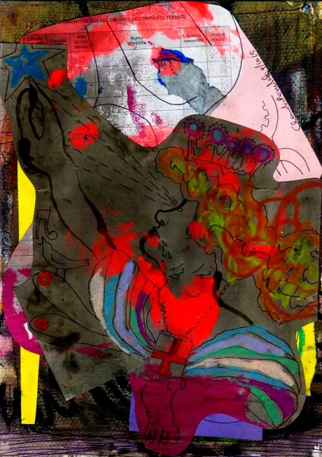 Abstract collage featuring red, blue, yellow, and black shapes on a textured background with handwritten text and document snippets.