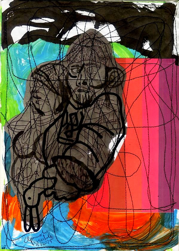 Unique black ink drawing on colorful paper of a bearded man with head covering, reaching forward with hand outstretched.