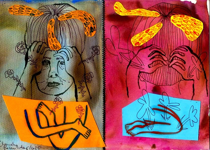 Surreal split-panel art: Line drawings of faces with surreal orange headpieces, figures, and flower accents against blended backgrounds.