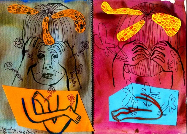 Surreal split-panel art: Line drawings of faces with surreal orange headpieces, figures, and flower accents against blended backgrounds.