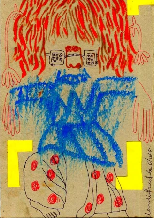 Stylized drawing features a figure with red hair, glasses, and a blue outfit with red polka dot pants against a tan background.