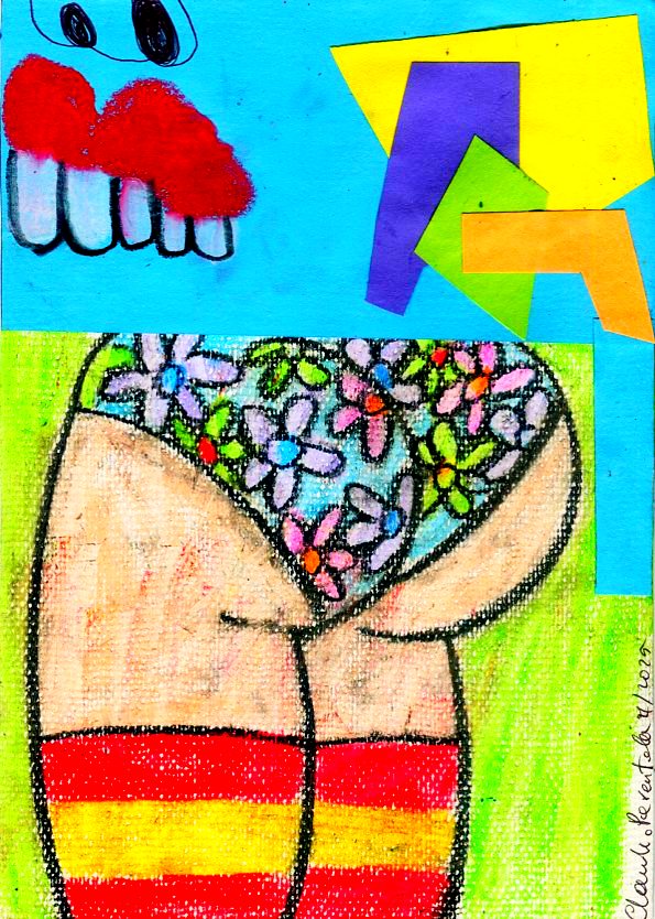 Whimsical art featuring a person's lower torso with striped socks and floral underwear, set against a vibrant, colorful background.