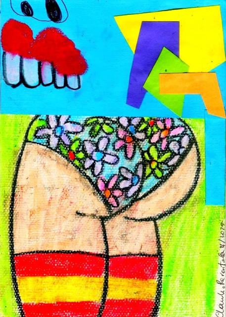 Whimsical art featuring a person's lower torso with striped socks and floral underwear, set against a vibrant, colorful background.