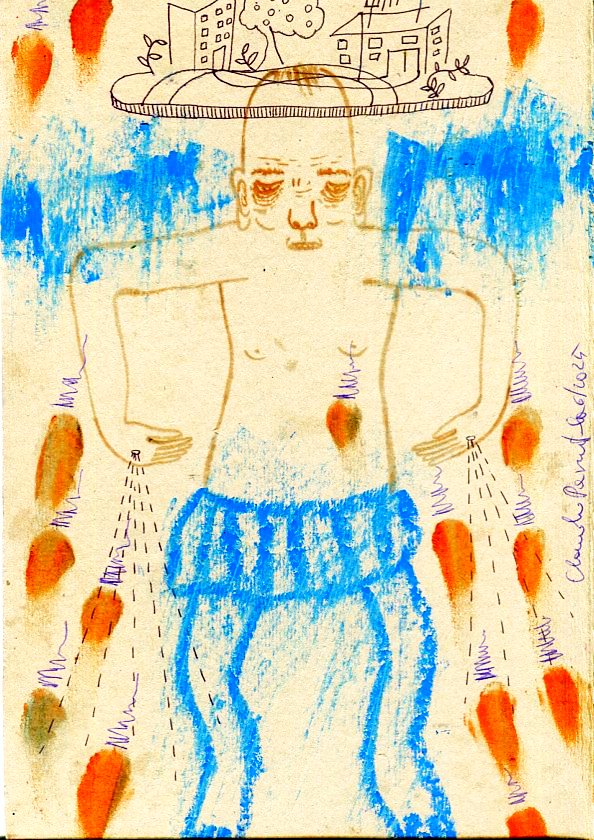 Illustration of a standing figure with an overhead landscape and floating objects, rendered in a naive art style on paper.