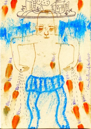 Illustration of a standing figure with an overhead landscape and floating objects, rendered in a naive art style on paper.