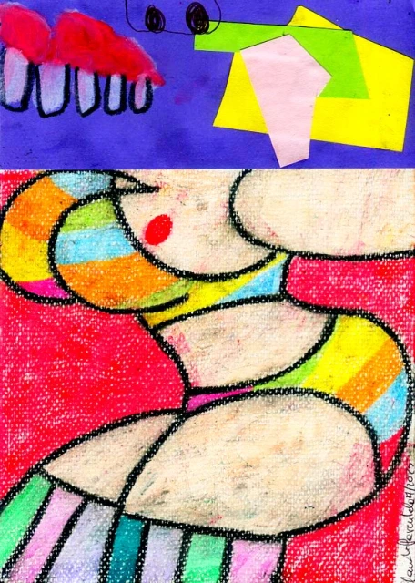 Colorful crayon drawing featuring an abstract seated figure with striped legs, geometric shapes, and vibrant contrasting colors on paper.