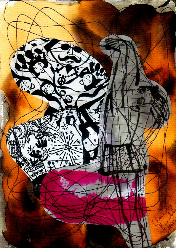 Abstract art featuring a collage of black and white patterns, set against a backdrop of watercolor washes in pink and orange hues.