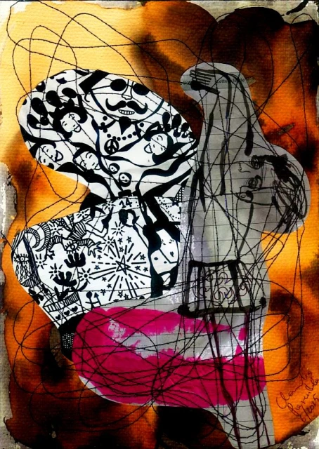 Abstract art featuring a collage of black and white patterns, set against a backdrop of watercolor washes in pink and orange hues.