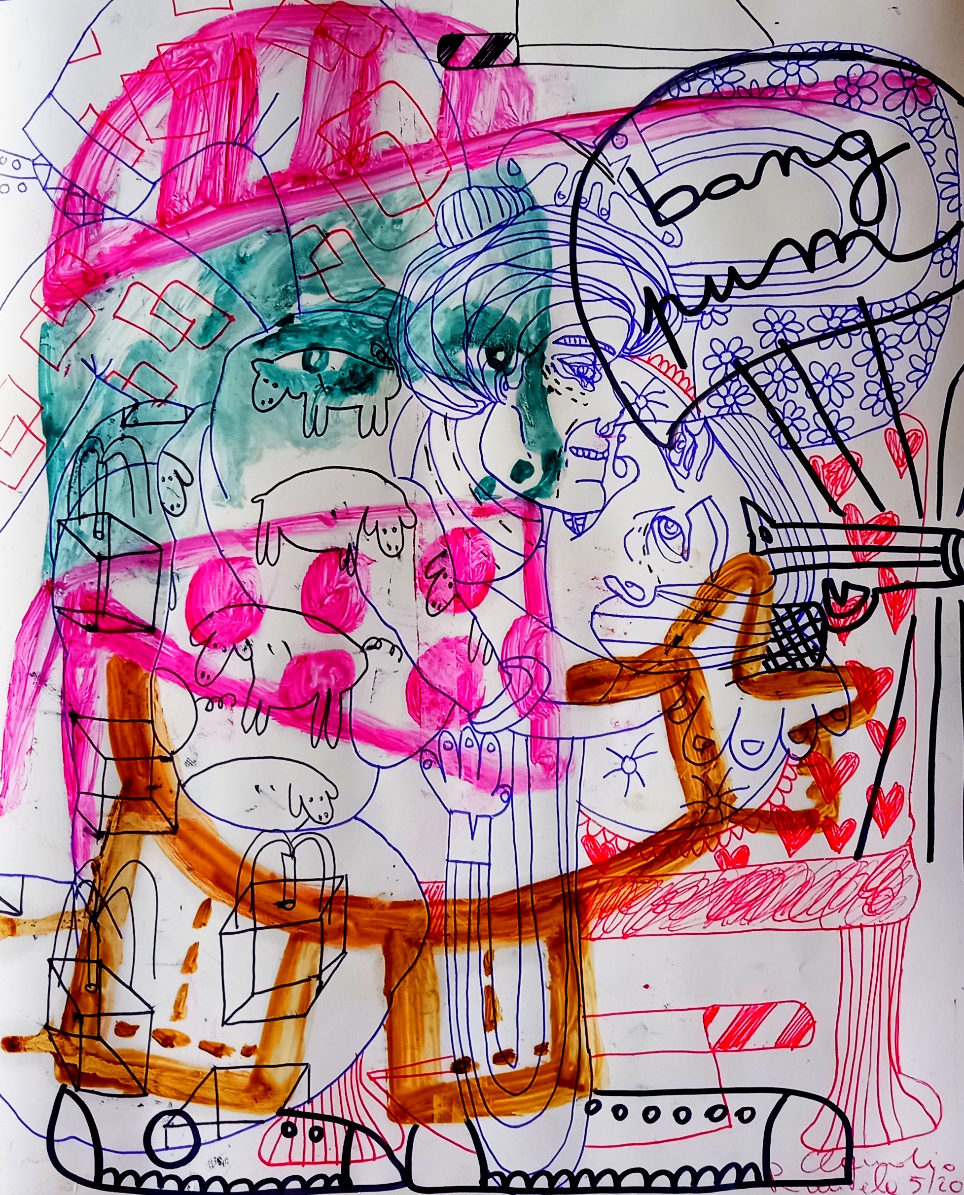 Whimsical art features an expressive mixed-media drawing with surreal figures, pink and green colors, and playful elements on white paper.