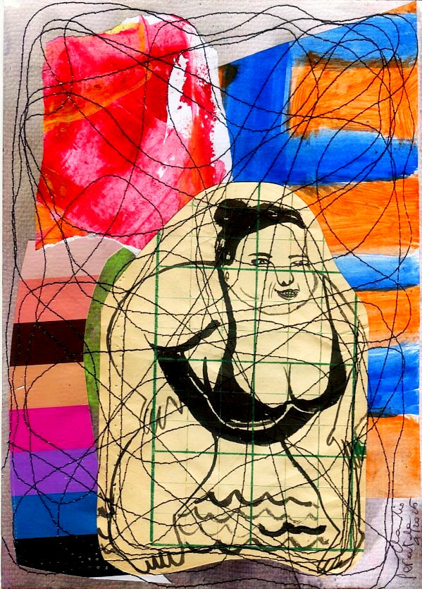 Unique collage illustration of an adult female figure in a black swimsuit on paper, with abstract shapes and sketchy line art.