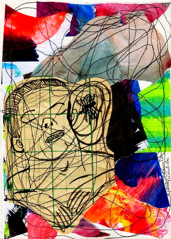 Abstract art features a person's face overlaid with geometric shapes and string lines in red, black, blue, and white on paper.