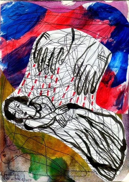 Artistic watercolour painting featuring a person lying beneath swirling black lines against a backdrop of vivid red, blue, and yellow hues.