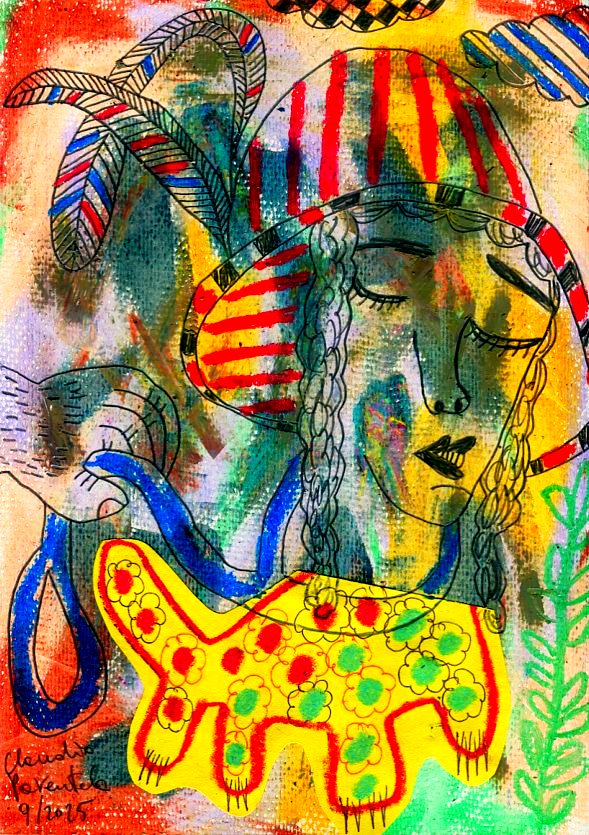 Abstract portrait of a woman with a feathered hat and a yellow patterned bag in a colorful mixed media painting.