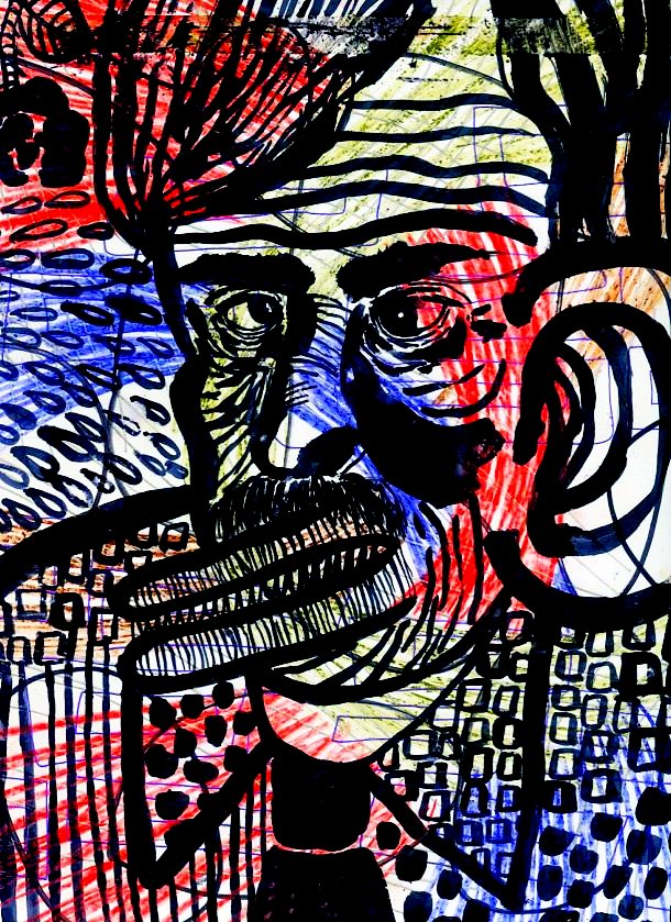 Illustration of a person with a mustache in black, red, yellow, and blue lines and marks on a white background with geometric shapes.