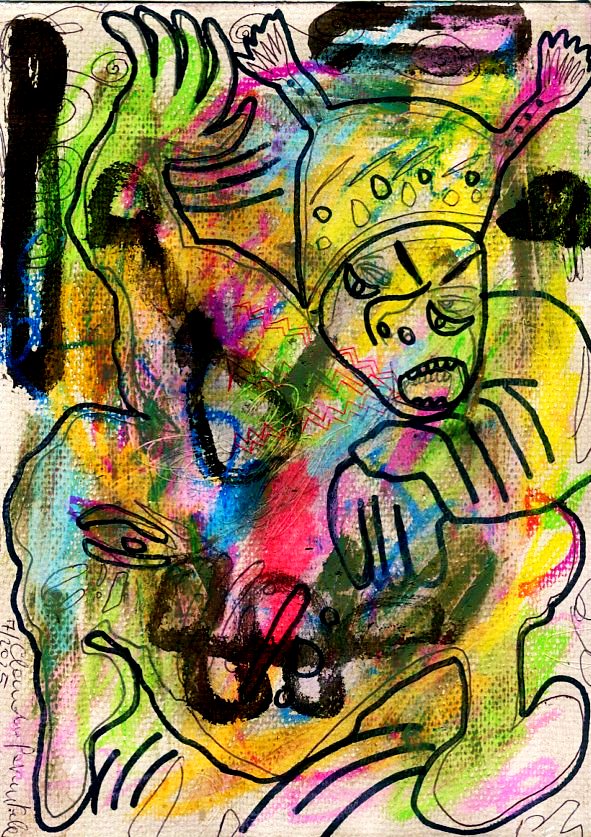 Expressive mixed-media painting featuring bold outlines, vibrant colors, and surreal figures, creating a dynamic and abstract composition on textured paper.