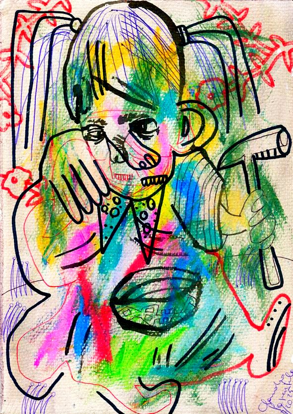 Artistic rendering of a child with pigtails in a crayon drawing, holding a hammer and sitting in front of a floral patterned background.