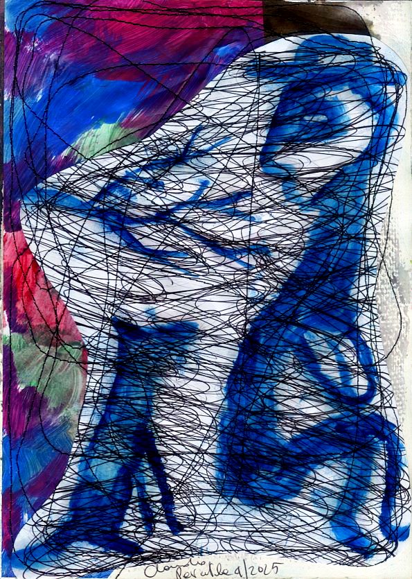 Abstract artwork featuring blue and purple hues, intricate black line work, and a white background, creating a textured, layered visual experience.
