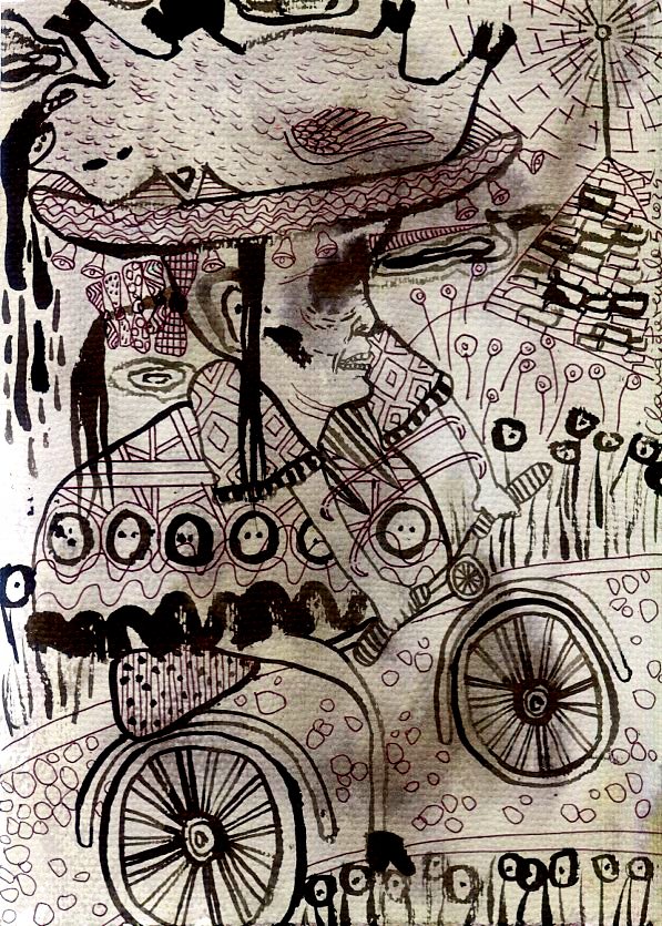 Stylized black and white artwork of people in a car, featuring whimsical drawings and unique artistic elements on textured paper.