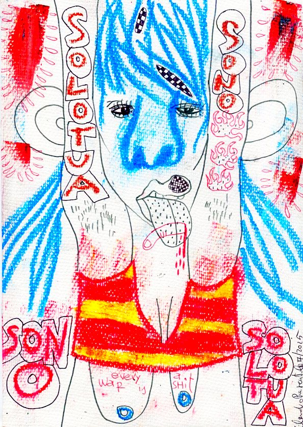Surreal art featuring a female figure with blue hair, red and yellow striped clothing, and text overlay. The art style is illustrative.