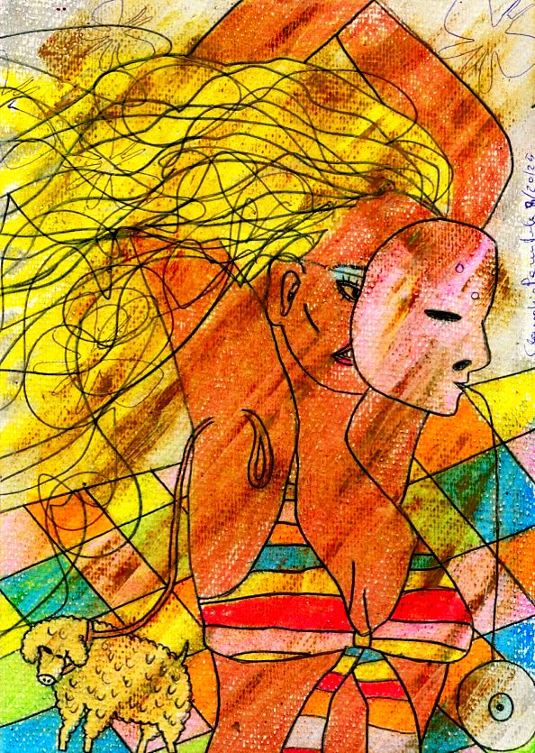 Colorful art piece featuring a woman with flowing blonde hair, holding a mask, and walking a yellow poodle against a geometric background.