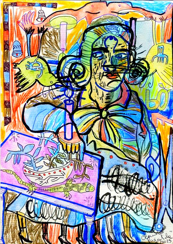 Whimsical art with a woman in a blue dress holding a candle, plus a book, and abstract figures in a colorful, illustrative style.