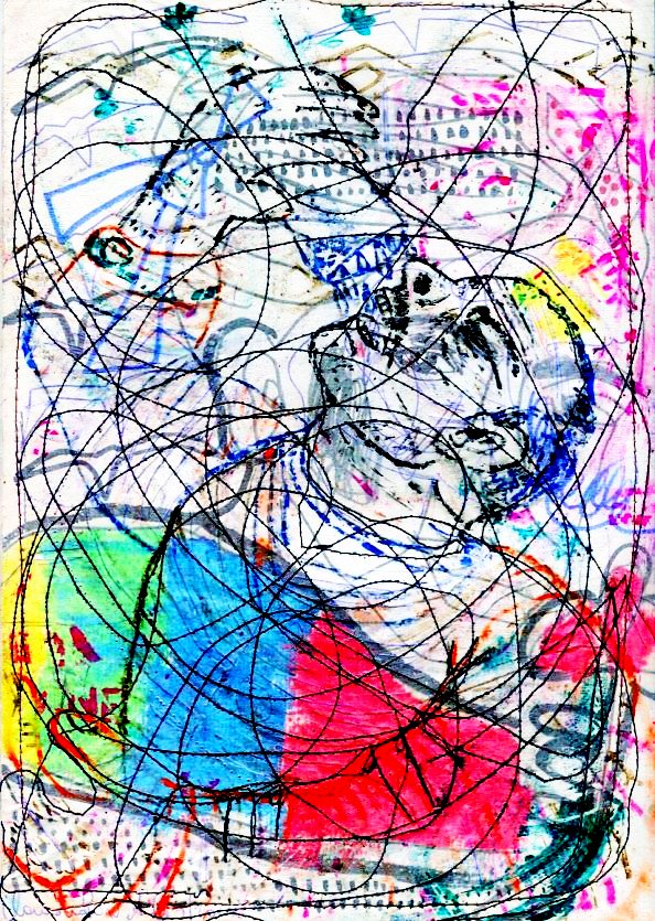 Abstract mixed media artwork featuring two human figures intertwined with bold colors and chaotic black line art on a textured background.
