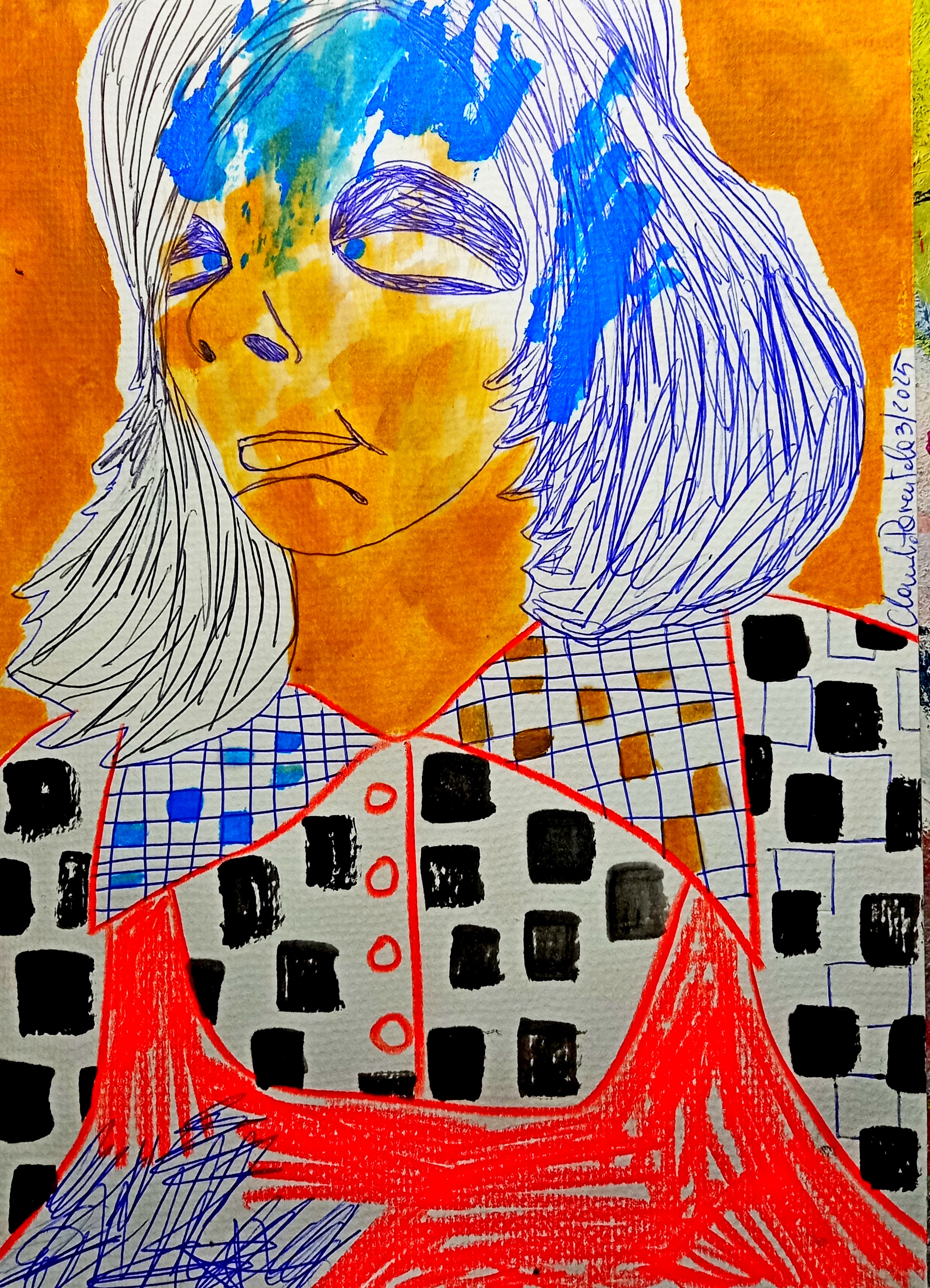 Illustration of a woman with blue ink and yellow skin tones, wearing a checkered dress, created with ink and markers on paper.