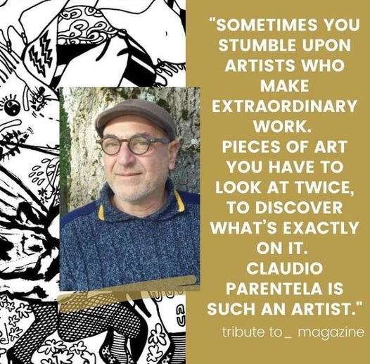 Close-up shot of Claudio Parentela alongside his black and white artwork and a magazine quote against a tan background.