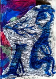 Mixed media illustration featuring blue painted figures overlaid with dense black ink scribbles on a colorful painted background.