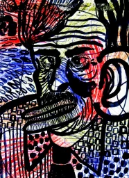 Mixed-media abstract portrait illustration featuring bold black ink linework, crosshatch textures, and red and blue accents.
