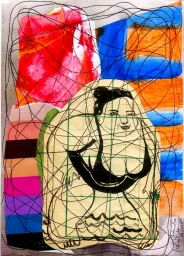 Mixed-media collage by Claudio Parentela featuring an ink drawing of a smiling woman in a bikini with sewn thread overlays.