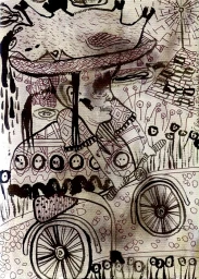 Surreal black ink illustration of a figure in patterned clothing and wide hat riding a wheeled cart against paper texture.
