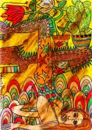 Surreal mixed media illustration of an inverted figure with long hair, patterned boots, and potted plants on a yellow background.