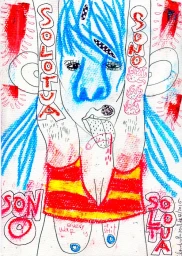 Expressive mixed-media illustration of a stylized figure with blue hair and a red-and-yellow top surrounded by hand-lettered text.