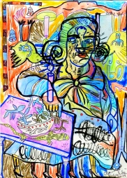 Abstract colorful mixed media illustration of a stylized figure holding a candle beside a table with a lizard and potted plant.