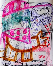 Abstract mixed-media ink and marker drawing on paper with layered doodles, surreal faces, and vibrant pink and green washes.