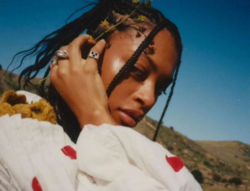 Close-up of a woman with braided hair and small flowers, wearing a white sweater with red accents, set against a clear blue sky.