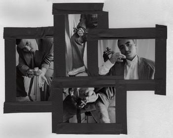 Black and white collage of a man in a suit with dark hair, looking serious, in an indoor setting with dark tape framing.