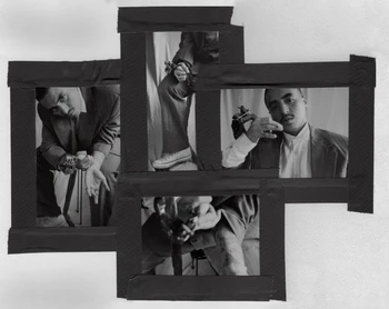 Black and white collage of a man in a suit with dark hair, looking serious, in an indoor setting with dark tape framing.