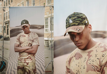 Two images showcase a male model wearing a camouflage shirt and baseball cap against a backdrop of a desert landscape.