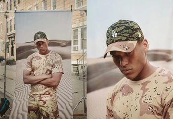 Two images showcase a male model wearing a camouflage shirt and baseball cap against a backdrop of a desert landscape.
