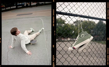 Diptych film photo of a young man lying on a skateboard on asphalt and green sneakers hanging on a chain link fence.