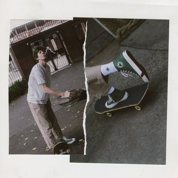 Two images spliced together show a skateboarder drinking from a fountain and another riding a skateboard in an urban setting.