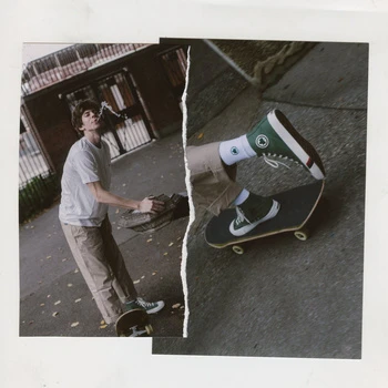 Two images spliced together show a skateboarder drinking from a fountain and another riding a skateboard in an urban setting.