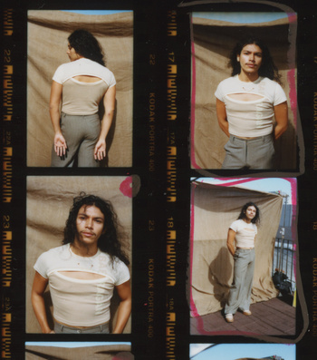 Film strip of an androgynous person posing in a studio, wearing grey slacks and a cut-out shirt, with a tan backdrop and natural lighting.