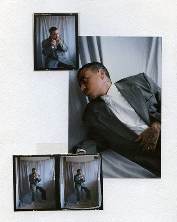 Collage of a man in a grey suit in different poses, one in a frame, against a white background.  Fashion photography aesthetic.