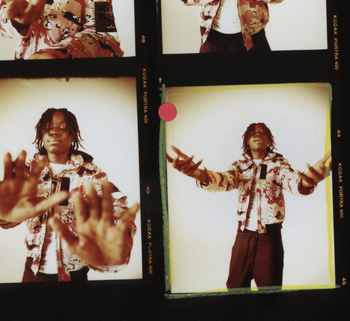 Contact sheet of medium-format film frames featuring a young Black man wearing a camouflage jacket against a plain background